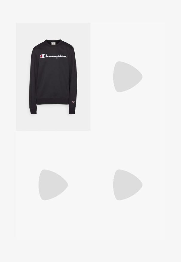 Felpa nera in misto cotone, con logo "Champion" bianco e dettagli rossi. Polsini e orlo a coste. Vestibilità classica e rilassata.; T-shirt bianca a girocollo realizzata in cotone, con maniche corte e un piccolo logo ricamato sulla parte sinistra del petto. Texture morbida.; Pantaloni sportivi grigi realizzati in morbido misto cotone, con un elastico in vita, gambe affusolate e un piccolo logo nell'area della tasca sinistra.; Sneakers atletici bianchi con pelle sintetica liscia, accento del logo nero e dettagli perforati sul lato. Suola in gomma.