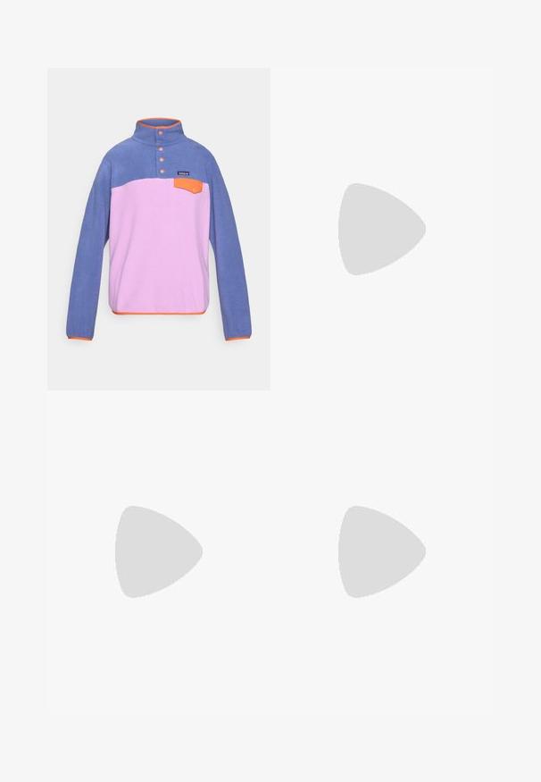 Fleece pullover with a high collar, featuring a blue upper, pink lower, orange accents, three buttons, and a small front pocket.; Beige Patagonia short-sleeve crew neck T-shirt with small black logo on left chest, displayed on a plain background.; Navy blue pants made of smooth fabric, featuring a front button closure, slim-fit design, and creased detailing at the knees.; Lightweight Columbia athletic shoe in white mesh with a textured gray sole and rubber traction. Features a padded collar and lace-up design.