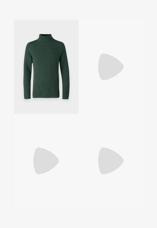 DRYKORN ARVID - Jumper - green; Dark blue denim jeans, straight leg design, five-pocket style, with subtle whiskering and contrast stitching, metallic button and zipper closure.; Lacoste sneakers in dark gray with mesh and synthetic material, featuring a textured sole and brown accents on the collar and branding.; BOSS Sunglasses - black