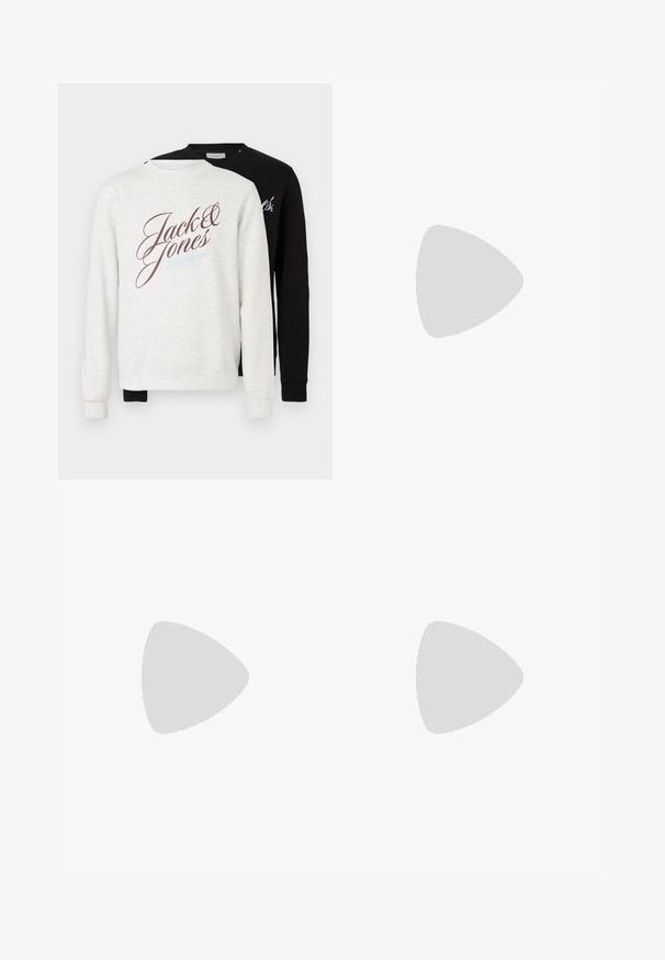 Conjunto de dos sudaderas; una gris claro con letras en marrón y azul, y otra negra. Ambas tienen mangas largas y puños de canalé.; Jeans de mezclilla azul claro de cintura alta, con botón frontal, cremallera y diseño de cinco bolsillos, dispuestos sobre un fondo neutro.; Zapatilla blanca con acentos en negro y gris, que presenta una puntera texturizada en gris, suela de goma negra y cordones planos blancos. Diseño limpio, estilo minimalista.; Bolso de hombro de cuero negro con cierre de cremallera, que presenta un cuerpo texturizado, costuras blancas y una correa con ojales plateados.