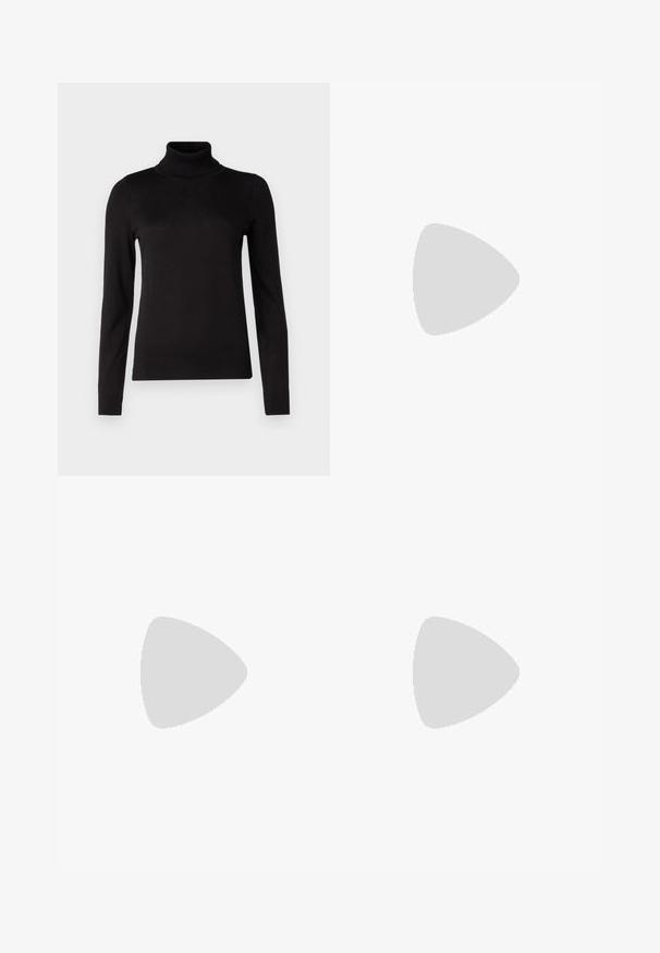 Repeat Maglione - black; Jeans a vita alta con gamba larga realizzati in denim blu scuro, dotati di chiusura a bottone, cinque tasche e lievi sbiadimenti sulle cosce.; Mocassino in vernice nera con suola in gomma nera spessa, caratterizzato da un accento decorativo in metallo dorato nella parte anteriore.; Borsa a tracolla in pelle nera con chiusura a patta, hardware silver, due tasche frontalmente, cuciture a contrasto e tracolla staccabile.