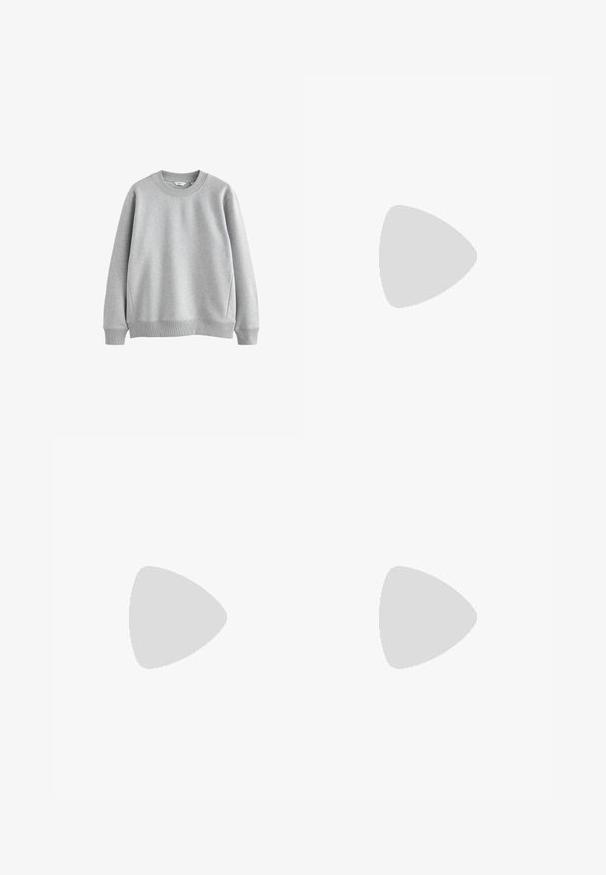 Grijze sweatshirt met een ronde halslijn, ribgebreide manchetten en zoom. Gemaakt van zachte stof met een gladde textuur, met een eenvoudig ontwerp.; Cargo broek in een gedempt grijs, van katoen, met twee zijzakken en twee grote cargozakken aan de voorkant, met een rechte pijpdesign.; Zwarte suède sneakers met witte rubberen zolen, voorzien van een vetersluiting ontwerp, textuuraccenten en subtiele branding, gedragen met bruine broeken.; Zwarte zonnebril met een rechthoekige vorm, donkere lenzen, zilveren accenten bij de slapen en een matte afwerking op het montuur.