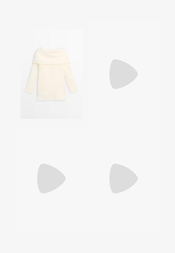 Off-white long-sleeve sweater with wide folded turtleneck collar, soft texture, and straight hem, laid flat on a white background.; Black trousers with a straight fit, featuring front pockets and side slits at the hem. Made of soft, smooth fabric. Suitable for various occasions.; Black patent leather slingback heels with a pointed toe, cut-out side design, and a small square heel. Smooth texture with minimal accents.; Black patent leather handbag with a curved shape, one shoulder strap, front pockets, and silver-tone hardware accents.