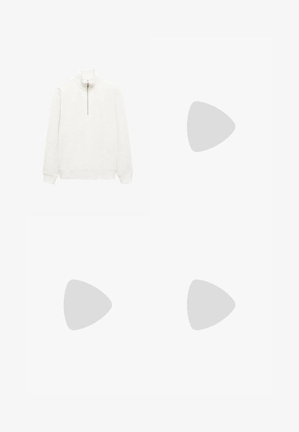 Mango WINNE - Sweater - off-white; Lichtblauwe denim jeans met een recht gesneden pijp, vijf-pocket ontwerp en een knoopsluiting. Glad textuur met een klassieke afwerking.; Zwarte leren instappers met een ronde neus, slip-on ontwerp en dikke rubberen zool met een gestructureerde grip. Verhoogde hak en subtiele stikdetails.; Zwarte rechthoekige zonnebril met donkere lenzen, voorzien van een dik montuur, subtiele accenten aan de zijkanten en zonder zichtbare logo's behalve de merknaam.; Metalen kwarts horloge met een zwarte wijzerplaat, witte cijfers en een datumweergave. Voorzien van een roestvrijstalen band en een waterbestendigheid van 100 meter.
