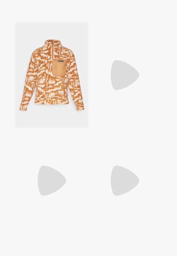Columbia WEST BEND™ 1/4 ZIP - Polárpulóver - camel brown highland tonal; Fehér ujjatlan sporttop kerek nyakkal, sima textúrával és diszkrét tónusú logóval a mellkason. Egyenes szegély a deréknál.; Fekete cargo rövidnadrág könnyű anyagból, rugalmas derékkal, oldalsó zsebekkel és logóval a jobb alsó oldalon.; Fehér sportcipő szürke csíkokkal, hálós felsőrész, rózsaszín sarkal és kiegészítőkkel. Szerkezete textúrázott sarokkal és gumitalppal rendelkezik. Fűzővel és párnázott gallérral.