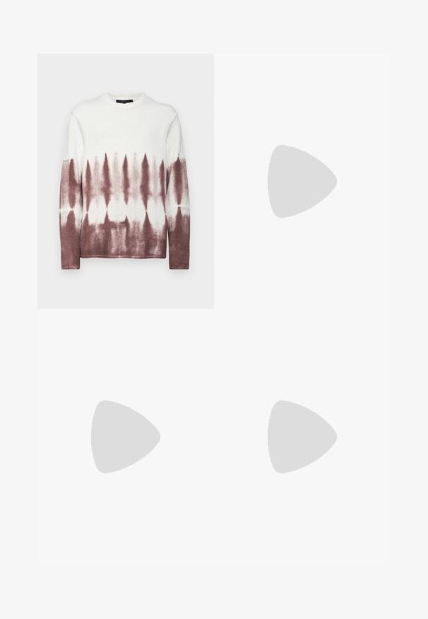 Fleece crew neck sweater featuring a tie-dye pattern with white at the top transitioning to a burgundy shade at the bottom. Soft texture.; White long-sleeve button-up shirt in cotton. Features a classic collar, button cuffs, and a small navy embroidered logo on the chest.; Beige cotton trousers with a straight cut, featuring belt loops, a flat front, and tailored hems. Smooth texture and minimal detailing.; White leather sneakers with a smooth texture, rounded shape, flat rubber sole, and white laces. Features minimalistic design and subtle branding.