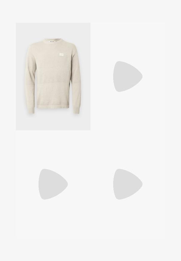 Light beige knit sweater with textured patterns, long sleeves, and a round neck. Features a small label on the chest.; Dark blue denim jeans with a straight-leg design. Features visible stitching, a button closure, and front pleats for added detail.; Black leather sneaker with white stripes, textured rubber sole, and lace-up front. Features a branded label on the tongue.; Black leather crossbody bag with a zip closure, embossed logo on the front, and adjustable strap. Smooth texture with a rectangular shape.