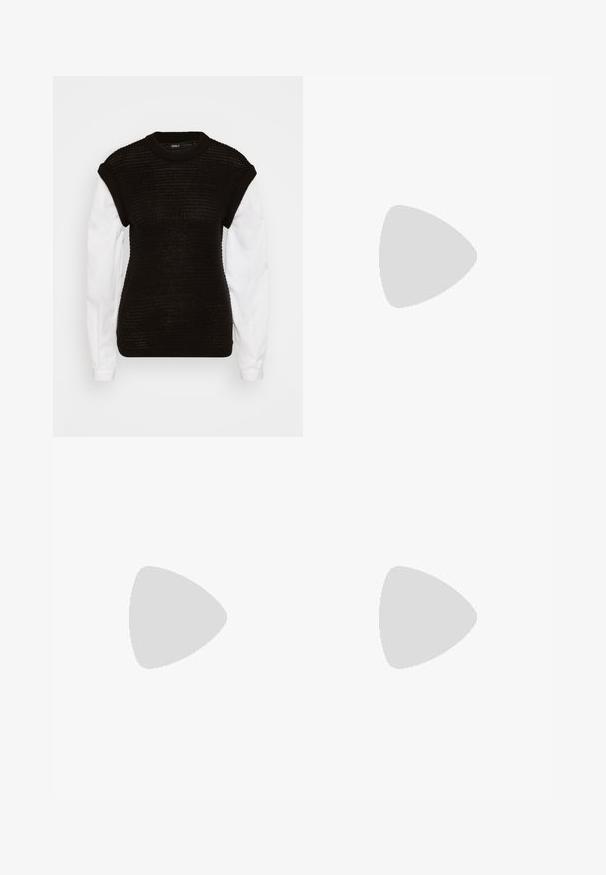 Pull en tricot noir à manches courtes et structurées superposé sur une chemise blanche. Présente un motif texturé et un col rond.; Pantalon cargo noir à taille haute, avec des plis à l'avant, deux poches latérales et une coupe décontractée, fabriqué en tissu robuste avec une texture lisse.; Baskets montantes noires avec des lacets blancs, un logo blanc et des coutures blanches contrastées. Dotées d'une épaisse semelle blanche et d'un dessus en daim texturé.; Lunettes de soleil en métal avec des verres ovales verts. Monture en métal argenté mince et embouts d'oreille noirs. Design minimaliste, sans logos visibles.