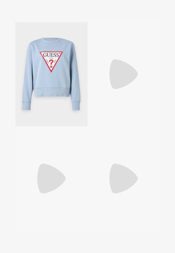 Light blue sweatshirt made of cotton, features a bold red triangle graphic with "GUESS" logo and question mark, cropped design with ribbed cuffs.; White wide-leg trousers made of lightweight fabric, featuring a smooth texture, clean lines, and a high waist design.; White low-top sneakers with a flat sole, smooth synthetic upper, round toe, and tonal stitching. Features lace-up closure and side branding.; White leather handbag with a curved shape, featuring an embossed "CK" logo on the front and a single shoulder strap. Zipper closure at top.