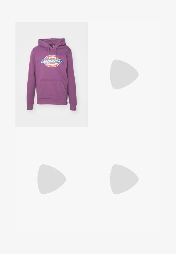 Violetinė bliuzono striukė su priekinėmis kišenėmis, kapisonu su raišteliais ir dideliu mėlynu ir raudonu "Dickies" logotipu ant krūtinės. Minkšta, tekstūruota medžiaga.; Trys balti, dryžuoti marškiniai be rankovių, pagaminti iš medvilnės. Yra apvalus kaklas ir maži juodi etiketės netoli siūlės. Siūlomi įvairių dydžių.; Juodos lengvos nailono cargo kelnės su elastingu juosmeniu, reguliuojamu raišteliu ir daugybe sluoksniuotų kišenių ant kojų.; Pilkas sportinis batas su tinklu ir zomšos viršutine dalimi, baltomis detalėmis, paminkštintu padu ir išskirtiniu dizainu su atspindinčiais elementais.