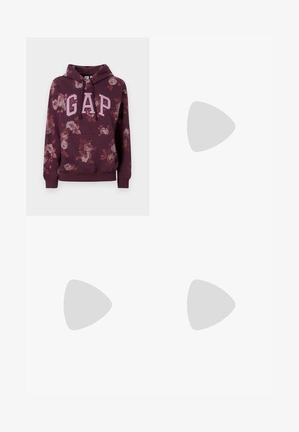 Sweatshirt cu glugă de culoare Bordeaux, cu un model floral, logo-ul "GAP" în roz deschis, buzunar tip kangaroo, manșete și tiv ribbate. Fabricat dintr-un material moale.; Pantaloni din denim negru cu croială dreaptă, închidere frontală cu nasture și design cu cinci buzunare. Textură netedă și detalii minime de cusătură.; Adidași albi cu talpă plată, cu suprapozitie din dantelă, vârful rotund și tălpi texturate. Purtați cu șosete gri deschis și pantaloni lejeri închis la culoare.; Even&Odd Geantă de mână - off-white