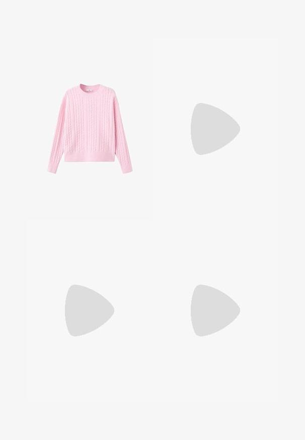 Rosa gestrickter Pullover mit Zopfmuster, langen Ärmeln und Rundhalsausschnitt. Der Stoff ist weich und hat eine leicht strukturierte Oberfläche.; Weite braune Jeans aus Denim, mit hoher Taille, Fronttaschen und klassischem Knopfverschluss. Glatte Textur mit feinen Nähten.; Braune und burgunderfarbene Sneaker aus Wildleder und Mesh-Materialien, mit drei cremefarbenen Streifen, strukturiertem Stoff an der Zunge und einer Gummisohle.; Braune Ledertasche mit strukturierter Oberfläche, einem einzelnen Schulterriemen und einem dezenten Logo auf der Vorderseite. Verfügt über ein strukturiertes Design.