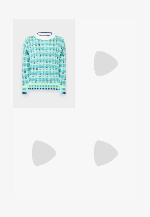 Knit pullover sweater in light blue and green with floral patterns, featuring a ribbed white collar and blue striped hem. Soft texture.; Green and white plaid pajama pants, made of soft fabric, feature an elastic waistband with a drawstring and wide, relaxed legs.; Black suede and leather sneaker with a cream side swoosh and light cream heel. Features beige laces and a gum rubber outsole.; Light blue denim handbag with short padded handle and small red Levi's logo tag on the side, set against a plain background.