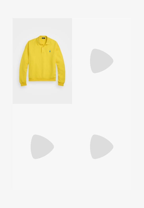 Polo Ralph Lauren POLO-COLLAR FLEECE PULLOVER - Ikdienas džemperis - lemon crush; Melns kokvilnas T-krekls ar īsām piedurknēm, apaļu kakla izgriezumu un mazu baltu izšuvumu uz krūškurvja. Klasisks, piegulošs dizains.; Platformas bikses krēmkrāsas audumā ar plānām sarkanām vertikālām svītrām. Ievērojama pogu aizdare un priekšējās kabatas, patīkama faktūra.; Gaiši zili zamša sporta apavi ar baltām trim svītrām, gumijas zoli un teksturētu sietu. Ietver gludu purngalu un zīmolu uz papēža.
