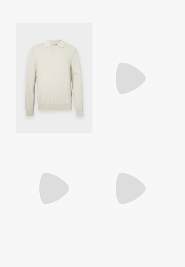 Cream long-sleeve polo shirt in a soft knit fabric. Features a classic collar, two buttons, and ribbed cuffs and hem. Subtle logo on chest.; Black tailored trousers with a straight fit, made from smooth fabric. Features belt loops and crease detail along the front.; White leather sneakers with a smooth finish, rounded toe, flat laces, and a textured sole. Grey suede accent at the heel.; Clear plastic sunglasses with rectangular brown lenses, featuring thin, transparent arms and metal accents on the temples.