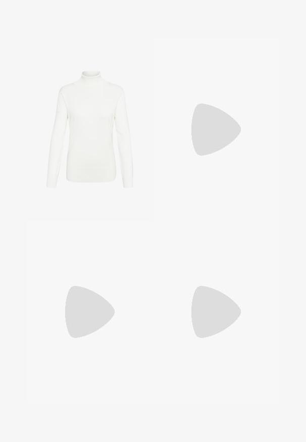 Maglione dolcevita bianco realizzato in morbido tessuto a maglia. Presenta maniche lunghe e un design aderente, con collo e orlo a coste.; Jeans a gamba larga marroni in denim, con vita alta, tasche anteriori e chiusura a bottone classica. Tessuto liscio con cuciture sottili.; Sandal in camoscio marrone con tacco alto, punta aperta, cinturino alla caviglia regolabile e suola a piattaforma striata.; Borsa a spalla in tessuto marrone con un corpo ampio e arrotondato e una grande maniglia a taglio. Texture morbida, design minimalista e senza hardware visibile.