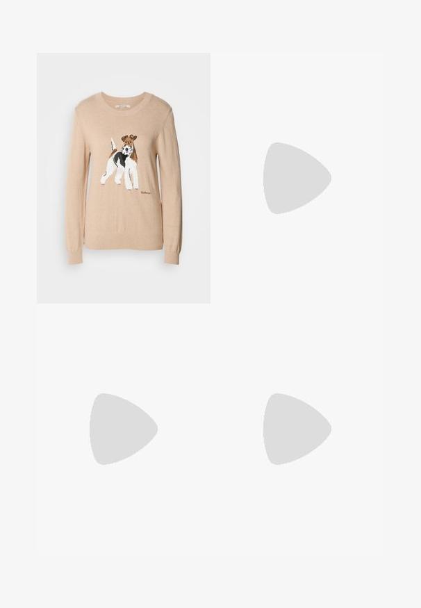 Pulover bej cu un design texturat, tricotat, având un motif de câine în nuanțe de marron, negru și alb; guler standard și mâneci lungi.; Pantaloni cu croi larg din bumbac bej deschis. Prezintă talie înaltă, buzunare frontale și croi drept. Terminare netedă a tivului, fără modele.; Tenisii albi cu un finisaj neted, cu accent pe toc negru și design cu șireturi. Prezintă branding-ul "Calvin Klein" pe lateral. Stil minimalist.; Cercei din metal argintiu cu forme rotunjite, cu un finisaj lustruit și gravuri subtile ale brandului "BOSS" pe secțiunile inferioare.