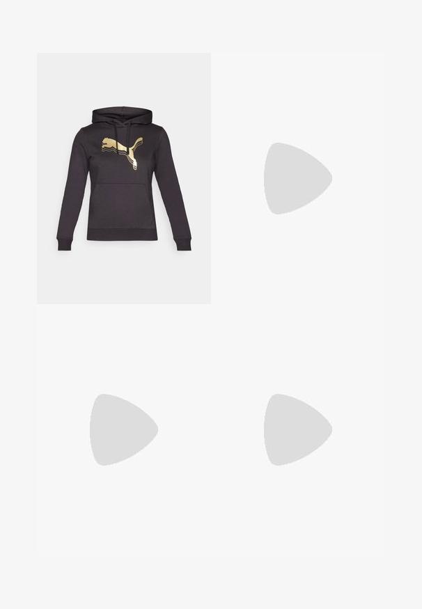 Juodas gobtuvas su ilgomis rankovėmis ir priekinėmis kišenėmis. Papuoštas auksiniu Puma logotipu ir kontrastingais juostelėmis aplink logotipą. Minkšta medžiaga.; Juoda trumpa rankovė sportinė marškinėlių, pagaminta iš minkštos, kvėpuojančios medžiagos. Sukurta su apvaliu hemu ir subtiliu logotipu viršutinėje kairėje krūtinės pusėje.; Juodi legginsai, pagaminti iš tamprios medžiagos, su aukštu juosmeniu ir baltu logotipu, atspausdintu ant kairės kojos apatinės dalies. Lygus paviršius.; Juodas sportinis batelis su tekstūruota viršutine dalimi, elastingomis juostomis ir storesniu baltu tarpiniai. Yra pilkas akcentas palei pado kraštą.