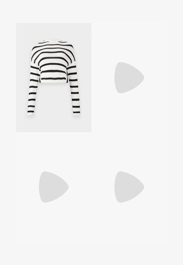 Cropped knit sweater with long sleeves, featuring alternating black and white horizontal stripes. Textured fabric, classic round neckline.; Knit white midi skirt featuring a textured pattern with vertical lines and cut-out details near the hem. Elastic waistband. Soft material.; Black leather ballet flat with a rounded toe, smooth texture, minimal stitching detail, and a flexible sole design.; Brown leather handbag with a flap closure, gold-tone hardware, a shoulder strap, and a smooth texture. Compact rectangular shape.