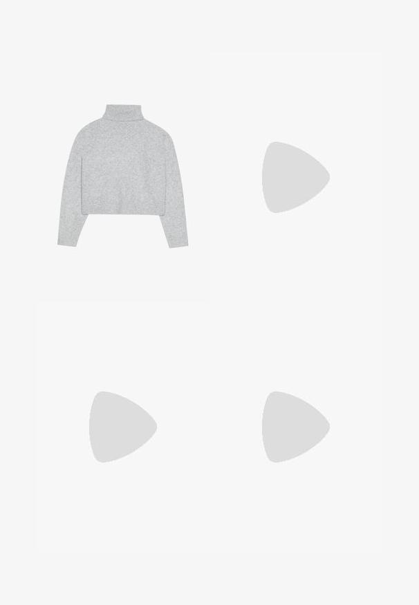 Sivi skraćeni pulover s visokim ovratnikom, s rebrastim manžetama i rubom. Izrađen od mekog materijala s glatkom teksturom i jednostavnim dizajnom.; Bež ženske hlače od kordura u slobodnom kroju, s elastičnim pojasom, dva prednja džepa i vertikalnom rebrastom teksturom.; Bež tenisice s gornjim dijelom od brušene kože i mrežaste tkanine, bijele tri pruge, đon od gumenog materijala boje gume, plave vezice i zlatni detalj logotipa. Klasični retro dizajn.; Zlatne metalne naušnice s elegantnim, zakrivljenim dizajnom. Imaju karakterističan šiljast oblik, poliranu površinu i zatvaranje na šarku.