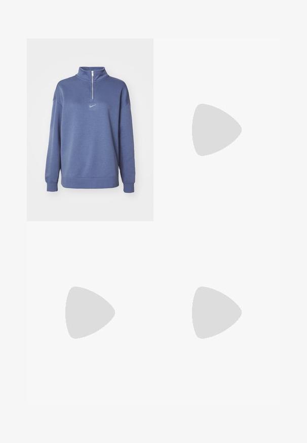 Nike quarter-zip pullover in solid blue fabric. Features a high collar, long sleeves, and a small white logo on the chest. Smooth texture.; Even&Odd by Zalando 3 PACK - Top - black/off-white/blue; Carhartt WIP BRANDON DOUBLE KNEE PANT SMITH  - Relaxed fit jeans - blue rinsed; Nike sneakers with a silver and gray mesh upper, white laces, and a black accent logo, worn with wide-leg dark denim pants.