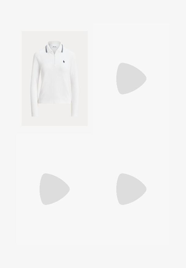 Polo blanc à manches longues avec un design en maille torsadée texturée, col zippé et deux rayures navy. Présente un petit logo navy sur la poitrine gauche.; Chemise blanche à manches longues, en coton, avec un col rond, ornée d'un petit logo marine sur la poitrine gauche. Design simple, coupe standard.; Pantalons larges blancs à taille haute, avec une fermeture à bouton et des détails de couture subtils. Fabriqués en coton avec une texture lisse.; Baskets blanches en cuir avec une finition lisse, accents navy et un petit logo sur le côté. Elles disposent de lacets plats et d'une semelle en caoutchouc texturée.