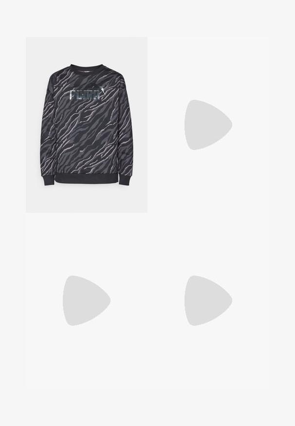Felpa nera e grigia con un motivo a strisce tigre, caratterizzata da un logo metallico "PUMA" sulla parte anteriore, scollatura rotonda e polsini a coste.; Pantaloni neri leggeri con vita elastica e caviglie arricciate. Il tessuto è liscio e presenta un design rilassato e affusolato.; Scarpe da ginnastica nere con tomaia in mesh testurizzato, suola in gomma curva e motivo di battistrada prominente. Presentano lacci integrati e un tassello per il sollevamento.; Borsa tote in pelle nera con texture liscia, forma rettangolare e due manici lunghi. Nessun hardware o decorazione visibile.