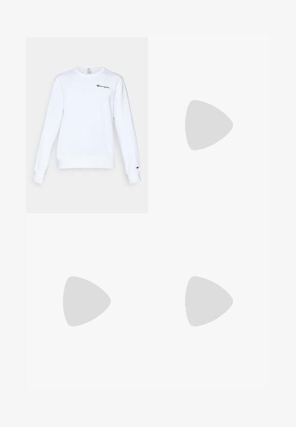 Sweat-shirt blanc en coton avec des manches longues, col rond, finitions côtelées aux poignets et à l'ourlet, arborant un petit logo "Champion" noir sur la poitrine.; T-shirt en coton blanc avec un col rond, des manches courtes et un logo "Champion" brodé en noir sur la poitrine et en accent sur la manche.; Shorts en jersey gris avec une taille élastique et un logo "Champion" bleu marine en bas à gauche.; Baskets de sport blanches avec une tige synthétique lisse, accent logo noir et détails perforés sur le côté. Semelle en caoutchouc.