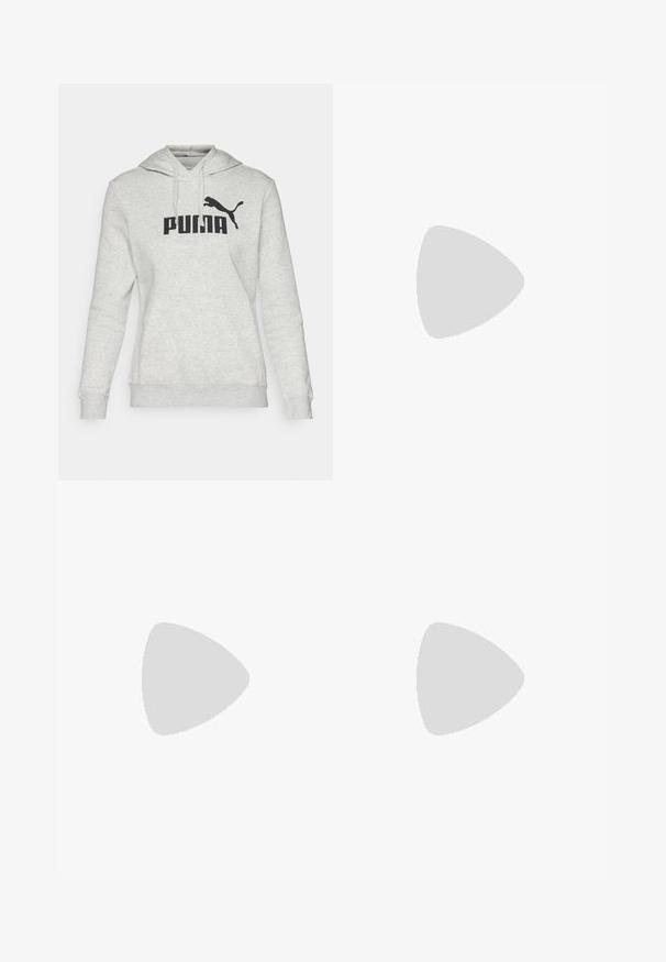Šedá mikina s klokaním vreckom, kapucňou so šnúrkou a čiernym logom "PUMA" na hrudi. Vyrobená z mäkkej, priedušnej tkaniny.; Široké nohavice z off-white pleteniny s vysokým pásom a textúrovaným vzorom. Dizajn obsahuje rozpark na leme na každej strane.; Čierne vysoké tenisky vyrobené z semišu a sieťoviny, vybavené suchými zipsami, hladkým povrchom a štruktúrovanou gumovou podrážkou pre lepšiu priľnavosť.; Čierna laková kožená kabelka s ohnutým tvarom, jedným ramenným popruhom, prednými vreckami a striebornými kovovými doplnkami.