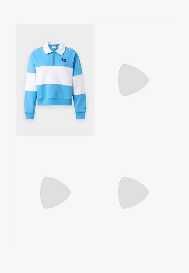 Suéter de manga larga en bloques de color azul y blanco con un collar blanco, cremallera frontal, "LS" en el pecho y "Levi's" en el puño izquierdo.; Camiseta de algodón de color azul claro con escote redondo. Presenta un gráfico en blanco de una palmera y texto en la parte izquierda del pecho. Mangas cortas.; Pantalones deportivos marrones con textura acanalada, cinturilla elástica y rayas laterales turquesas. Presenta el logo de adidas en la parte frontal.; Zapatillas Adidas marrones con rayas blancas y suelas de goma, combinadas con jeans azules sobre una alfombra verde.