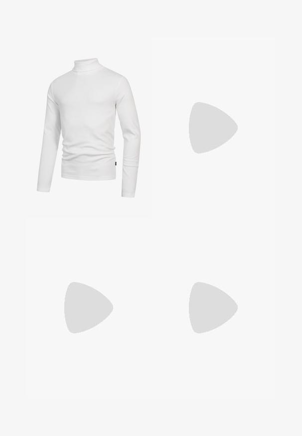 Hvid turtleneck langærmet skjorte lavet af blødt, glat stof. Har et tætsiddende design og en høj, stram krave. Minimalistisk stil.; Hvid kortærmet skjorte med knapper lavet af bomuld med spids krave, der har et lille broderet logo på venstre bryst.; Lys cremefarvede, afslappede bukser lavet af blødt stof. Har en elastisk talje med snor og en tætsiddende ben-design.; Mørkeblå suede low-top sneakers med en struktureret overflade, gummisål og ensfarvede snørebånd, der har et lille logo på siden og hælen.