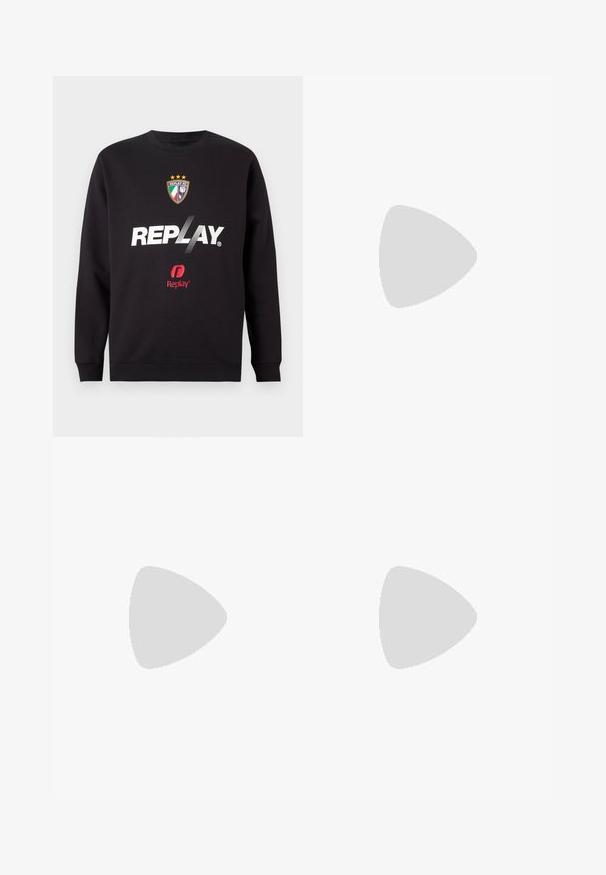 Black sweatshirt with "REPLAY" logo and Replay FC crest featuring three stars and Italian flag colors on front center.; White short-sleeve t-shirt with black accents. Features "REPLAY FC" logo and "Highpeformance" text in a sporty font. Made from a smooth material.; Black denim jeans with a straight-leg cut, featuring five pockets, a button closure, and subtle fading along the fabric.; Replay FIELD MELT 25 - Trainers - black