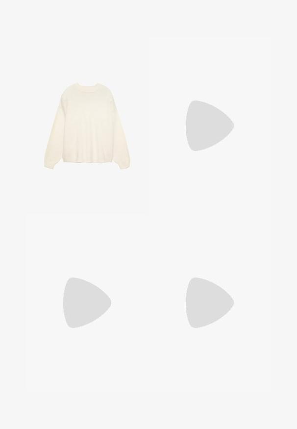 Ronde hals, lange mouwen crèmekleurige trui met een ontspannen pasvorm, gemaakt van zacht gebreid materiaal. Heeft een ribgebreide zoom en manchetten. Glad textuur.; Wijdvallende broek van off-white stof met een gladde textuur. Heeft een gestrikte taille en geplooide voorkant, ontworpen voor een ontspannen pasvorm.; Witte plateau sneakers met een glad leren bovenwerk, voorzien van een luipaardprint zijpaneel en een gestructureerde rubberen zool.; Bruine leren tote bag met een gladde textuur, een ontwerp met een open bovenkant en twee schouderbanden. Kenmerkt zich door minimale stiksels en geen zichtbare hardware.