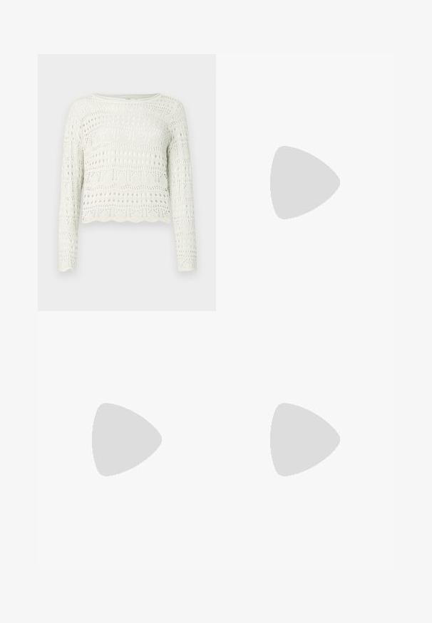 Balti īsās piedurknes džemperis ar garām piedurknēm, kas izceļas ar sarežģītiem caurspīdīgiem rakstiem un viļņotu apakšmalu. Izgatavots no viegla, teksturēta dzijas materiāla.; Melni plaša kāju bikses, izgatavotas no džinsa, ar strukturētu jostu, jostu cilpiņām un priekšējām kabatām. Gluda tekstūra ar klasisku dizainu.; Melna lakota āda ar atvērto papēdi, ar smailu purngalu un ģeometrisku blokpapēdi. Iezīmējas elegants, minimāls dizains un gluda tekstūra.; Melnas ādas somiņa ar gludu tekstūru, taisnstūra formu un divām garām rokturiem. Nav redzamu aparatūras vai rotājumu.