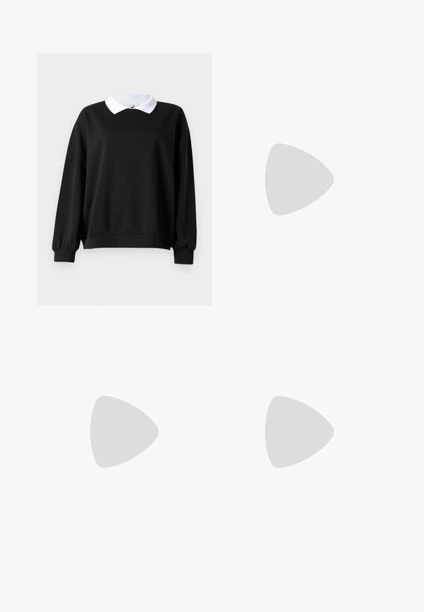 Sweatshirt preto com golas em estilo polo brancas, corte oversized, punhos e bainha em ribana. Textura suave, mangas longas e sem logótipos visíveis.; Saia maxi plissada preta feita de tecido leve com um design fluido. Apresenta uma bainha com volantes e uma cintura elástica para conforto.; Botas altas de couro preto até ao joelho, com ponta quadrada, salto afunilado e um detalhe de costura vertical ao longo do tubo exterior. Textura suave.; Bolsa de tecido suave em borgonha com um design franzido e uma alça longa, usada à transversal. Modelo veste um top cropped branco e jeans pretos.
