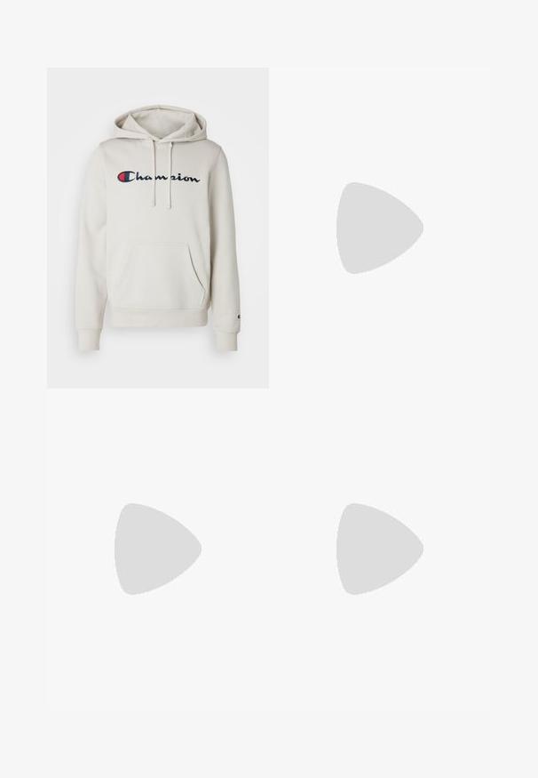 Kremfarget hettegenser laget av mykt tekstil, med en frontlomme, snøring i hetten og brodert "Champion"-logo i marineblått og rødt.; Khaki bomull t-skjorte med korte ermer, med en liten svart Jordan-logo i en hvit firkant på fronten. Enkelt design og avslappet passform.; Cargo bukser i mørkegrøn stof med elastisk talje, med to sidelommer og et lille logo foran.; Hvit Nike Air Max 90 sneakers med øvre del laget av mesh og skinn, perforert tåboks og en synlig luftenhet i hælen.