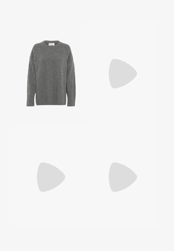 My Essential Wardrobe COPENHAGEN - Neule - dark grey melange; Mustat nahkaiset leveälahkeiset housut kiiltävällä pinnalla, joissa on kaksi etutaskua, nappikiinnitys ja näkyvät sauman yksityiskohdat.; Urheilukengät, joissa on valkoinen nahkainen päällinen, harmaa mokkanokka ja kolme mustaa raitaa. Ominaisuuksina sininen logo kielekkeessä ja kuvioitu kumipohja.; Mustat aurinkolasit, joissa on suorakulmainen kehys, tummanharmaat linssit ja sileä muovipinta. Huomiota herättävä logo aksentti sivulla.; Musta nailon olkalaukku, jossa on kaareva muoto, hopeinen ketjuviimeistely, irrotettava pikkupussi ja säädettävä hihna; sisältää "Steve Madden" -logon.