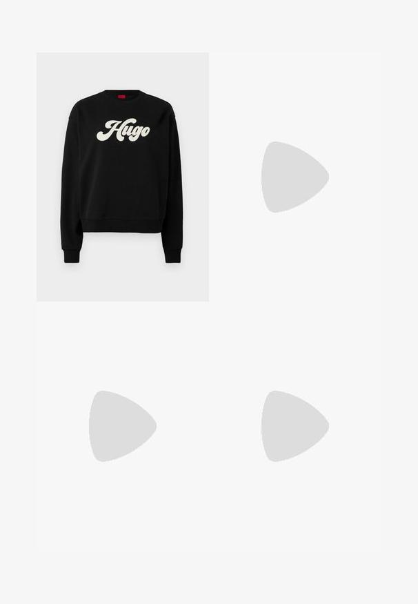 Felpa nera realizzata in morbido tessuto, con un grande logo bianco "Hugo" in un carattere curvo. Collo, polsini e orlo a costine. Vestibilità classica.; Gonna bianca plissettata con elastico nero in vita che presenta il logo "LACOSTE". Design di lunghezza media con texture morbida.; Sneaker bianchi in pelle con suola spessa bianca, accento in suede nero sul tallone e logo impresso sul lato. Design con lacci e sei fori per i lacci.; Occhiali da sole oversize neri dalla forma geometrica, con lenti scure e un dettaglio grigio a contrasto sulla montatura. Logo sul braccio.