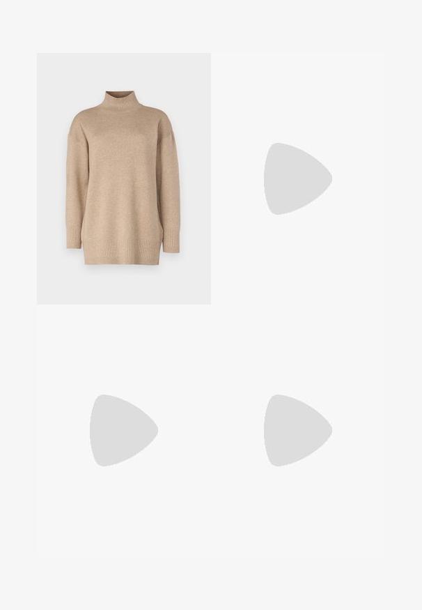 Maglione beige a collo alto realizzato in morbido tessuto knit. Presenta polsini e orlo a costine, con una vestibilità rilassata e spalle scese per un comfort maggiore.; Jeans in denim blu chiaro con una vestibilità rilassata, caratterizzati da dettagli strappati, una chiusura con bottoni a due pulsanti e gamba dritta.; Sneaker bianco in pelle con punta perforata, suola testurizzata e lacci bianchi, abbinati a pantaloni rossi larghi e uno sfondo blu e giallo.; Occhiali da sole con lenti a gradiente grigio, montatura in metallo dorato e dettagli in plastica nera. Lenti a forma di farfalla uniche con stanghette sottili.; Orecchini a cerchio in oro con una finitura liscia e lucida. Design circolare con un piccolo perno e una chiusura trasparente per un indosso sicuro.