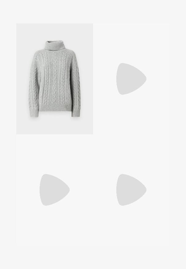 Pull en maille torsadée gris avec un col roulé haut, des poignets et un bas côtelés, et un motif texturé sur tout le corps.; Pantalons large en denim noir, dotés d'une taille structurée, de passants de ceinture et de poches avant. Texture lisse avec un design classique.; Escarpins noirs à plateforme avec un bout pointu et une sangle réglable à la cheville. Conçus en cuir lisse, avec un large talon bloc.; Sac à main en cuir noir avec une forme de éventail unique, doté de poignées plates. La surface présente une texture granuleuse et un design minimaliste.