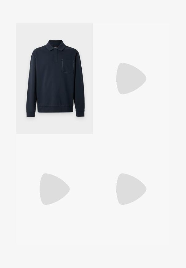 Navy blue long-sleeve polo shirt made of soft fabric, featuring a buttonless placket and a patch pocket with contrasting stitching detail.; Long-sleeved white cotton shirt with a round neckline, side slits at the bottom, and a smooth texture, displayed from the back.; Light blue denim jeans with a straight-leg design, five pockets, button closure, minimal fading, and contrasting stitching details.; White sneaker with a smooth leather upper and a low profile. Features a rounded toe, six eyelets, and a textured rubber sole.