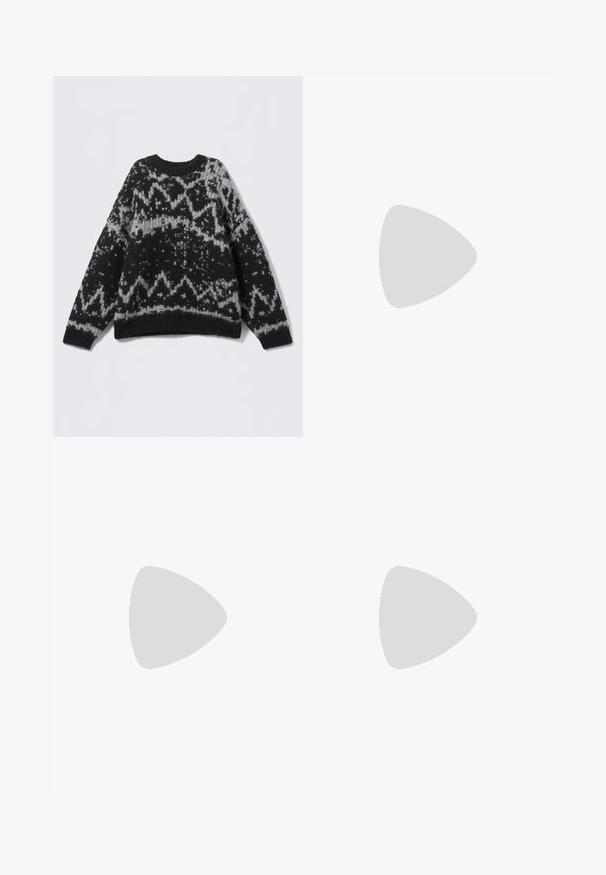 Schwarzer und grauer gestrickter Pullover mit Rundhalsausschnitt und geripptem Saum. Die geometrischen Designs verleihen ihm ein weiches, strukturiertes Aussehen.; Weißes Langarm-Hemd mit Knopfleiste, spitzem Kragen und gerafften Manschetten, auf einem schlichten weißen Hintergrund präsentiert.; Helle-bein Jeans aus Denim in Dunkelblau mit Kontrastnähten. Mit traditionellem Fünf-Taschen-Design und einem Knopfverschluss an der Taille.; Braune Wildledersneaker mit weißen Lederstreifen, Gummisohle, gerundetem Zehenbereich und Schnürung. Mit einem Logo auf der Zunge und perforierten Akzenten.; Burgunderfarbene Handtasche aus synthetischem Material mit strukturiertem Design, ausgestattet mit einem abnehmbaren Trageriemen und einem blumenmusternden Schal, der am Griff gebunden ist.