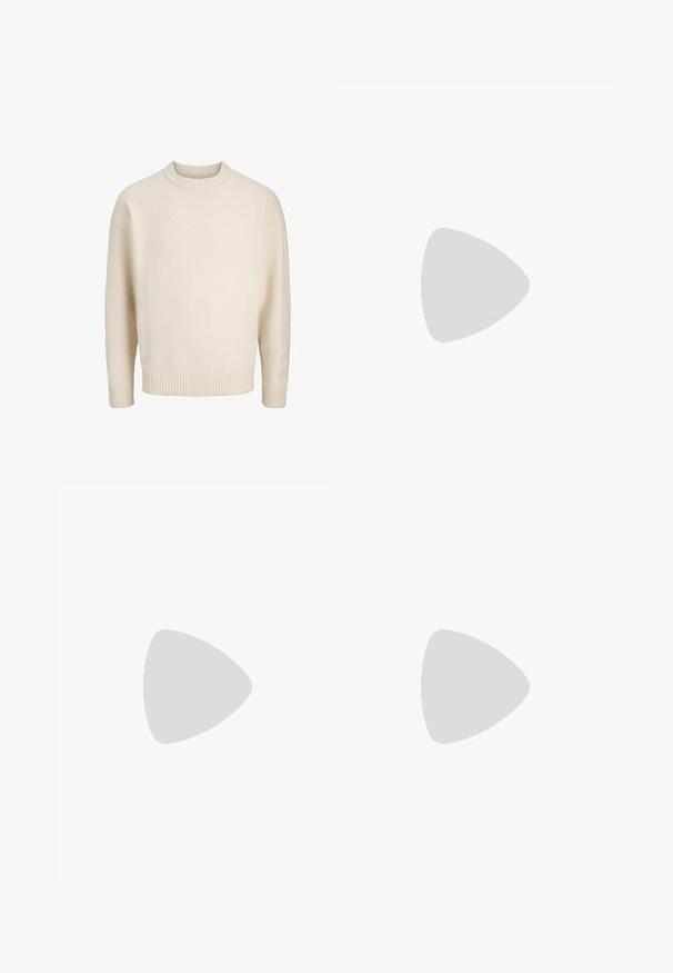 Maglione in cotone misto crema con collo a coste a girocollo, spalle scese e polsini e orlo a coste. Texture morbida con una vestibilità rilassata.; Jeans a gamba larga in denim grigio scuro, con vita alta, design classico a cinque tasche e cuciture a contrasto lungo le cuciture.; Sneakers in pelle con una combinazione di colori nero e crema, dotati di dettagli perforati, collare imbottito e suola testurizzata.; Borsa per laptop in pelle marrone con superficie texturizzata, doppi manici superiori, cinturino regolabile e due fibbie frontali per un tocco di originalità.