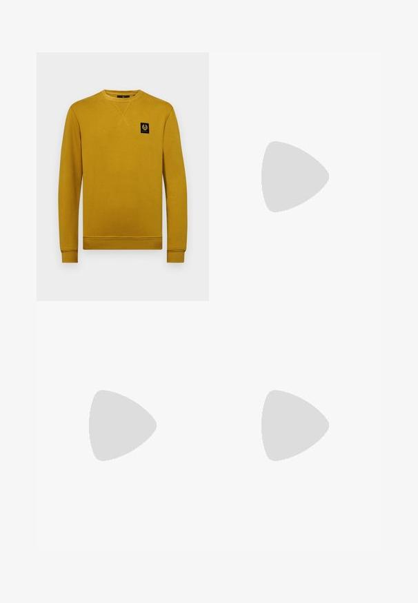 Belstaff Sudadera - glaze yellow; Camiseta de algodón blanca con cuello redondo, mangas cortas y logo bordado de "Calvin Klein" en el centro del pecho. Diseño liso.; Jeans de mezclilla azul claro con corte recto, que cuentan con un diseño clásico de cinco bolsillos y un cierre de botón en la cintura. Sin patrones notables.; Zapatillas blancas con acentos en rosa claro y negro, que presentan paneles de cuero suave y gamuza, punta redonda y suela plana de goma.