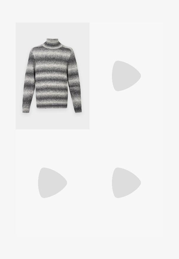 Grau-weißer gestreifter Rollkragenpullover mit geripptem Kragen, bietet eine weiche Textur und standardmäßige lange Ärmel.; Langärmliges weißes Baumwollhemd mit rundem Ausschnitt, seitlichen Schlitzen am unteren Rand und glatter Textur, von hinten präsentiert.; Helle blaue Jeans im Geradeschnitt-Design, mit fünf Taschen, Knopfverschluss, minimaler Ausbleichung und kontrastierenden Nähdetails.; Weißer Sneaker mit glattem Lederobermaterial und niedrigem Profil. Verfügt über eine runde Zehenpartie, sechs Ösen und eine strukturierte Gummisohle.