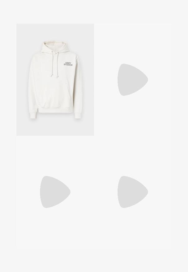 White hoodie made of soft fabric with a front kangaroo pocket, drawstring hood, and "OBEY STUDIOS" logo in black on the chest.; White long-sleeved T-shirt made of cotton. Crew neck design with ribbed cuffs and a small logo on the left sleeve. Smooth texture.; Olive green, high-waisted pants with a straight leg design. Made of a lightweight fabric, featuring front pleats and a button closure.; Black fabric sneaker with white laces, beige rubber sole, and red accent at the heel. Rounded toe and minimal stitching detail.
