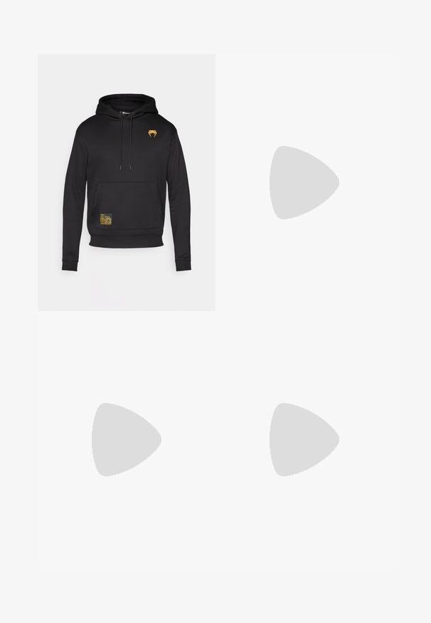 Black hoodie made of soft fabric, featuring a front pocket, drawstring hood, and a gold logo on the chest with a textured yellow label.; Golden satin boxing shorts with black "VENUM" logo on waistband and side, featuring a smooth texture and elastic waistband for comfort.; High-top athletic shoe featuring a black mesh exterior with beige accents. Textured rubber sole and logo detail on the side.; Black boxing gloves with gold accents and "VENUM" branding. The athlete wears a sleeveless black top, showcasing a muscular physique.