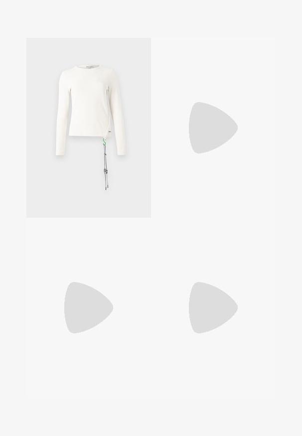 Long-sleeve white ribbed top with a round neckline, featuring a green and black accent cord detail on the side for adjustment.; Wide-leg trousers in a muted taupe color, made of smooth fabric with a satin finish. Features a tailored waistband and subtle pleats.; Brown patterned canvas sneakers with gold eyelets, lace closure, and a white rubber toe cap and sole. Featuring a textured finish.; Black leather crossbody bag with two front pockets, gold buckles, zipper closure, and a slim strap. Textured surface and compact rectangular shape.