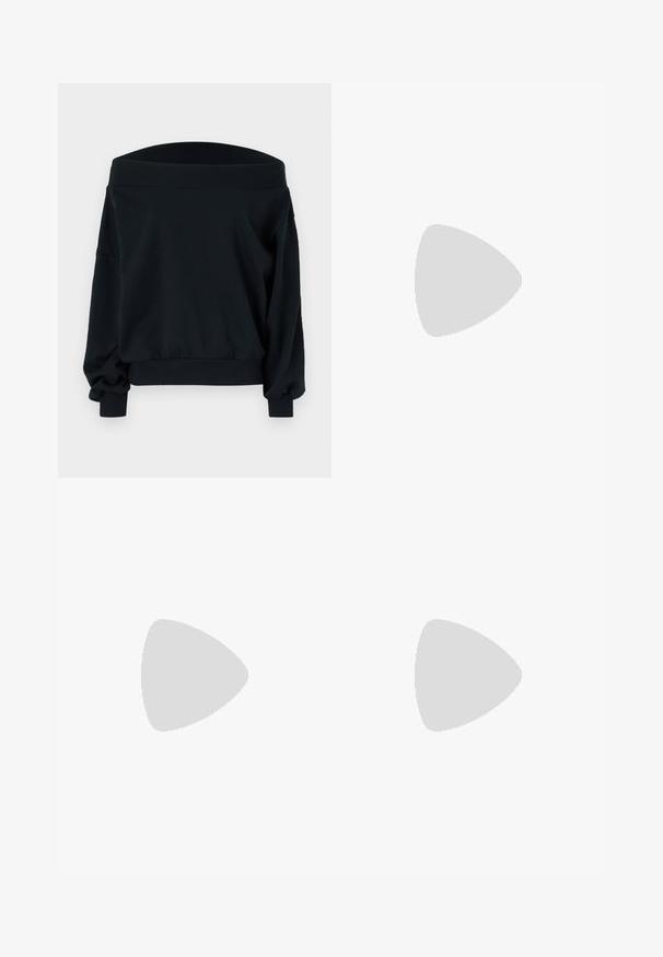 Schwarzer Off-Shoulder-Sweatshirt mit langen, voluminösen Ärmeln und gerippten Bündchen. Hergestellt aus glattem Stoff mit lockerer Passform. Schlichtes Design.; Beige Cordhosen mit lockerer Passform, ausgestattet mit einem Kordelzugbund, zwei Fronttaschen und vertikal geripptem Muster.; Hellgraue Sneaker aus Wildleder und Mesh, mit drei weißen Streifen, runder Zehenpartie und einer Sohle aus Gummi. Goldenes Logo-Detail nahe der Schnürsenkel.; Ohrringe aus goldfarbenem Metall mit einem schlanken, geschwungenen Design. Sie verfügen über eine markante, spitze Form, eine polierte Oberfläche und einen Scharnierverschluss.