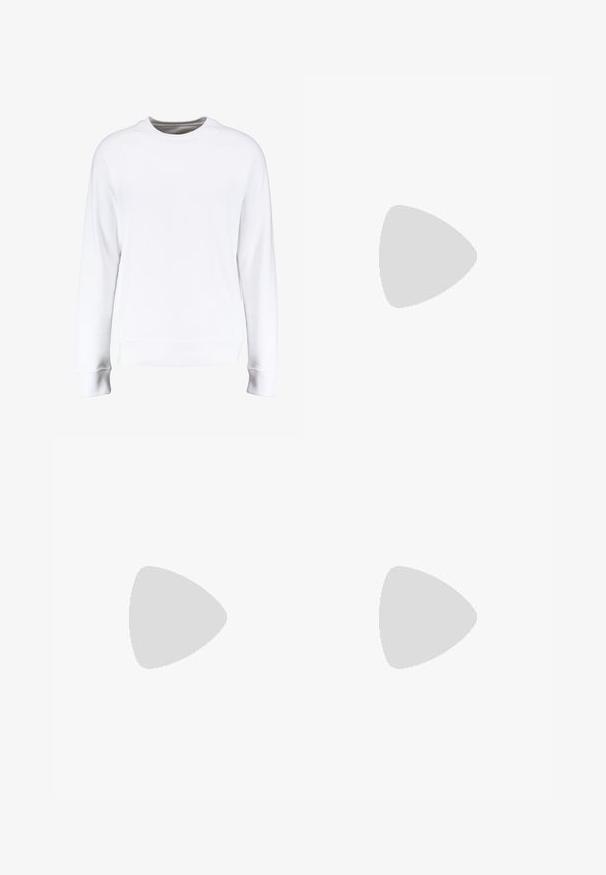 White sweatshirt with long raglan sleeves, round neckline, ribbed cuffs and hem, featuring a smooth texture and minimalistic design.; Skinny jeans in faded gray denim, featuring distressed details at the knees, paired with white sneakers. Smooth texture, slim fit design.; White leather sneakers with perforations, round toe, flat sole, and thick laces, featuring a visible swoosh logo and "AIR" on the heel.; Silver stainless steel wristwatch with a navy blue dial, metallic hour markers, and a date window at 3 o'clock. Water-resistant to 50 meters.